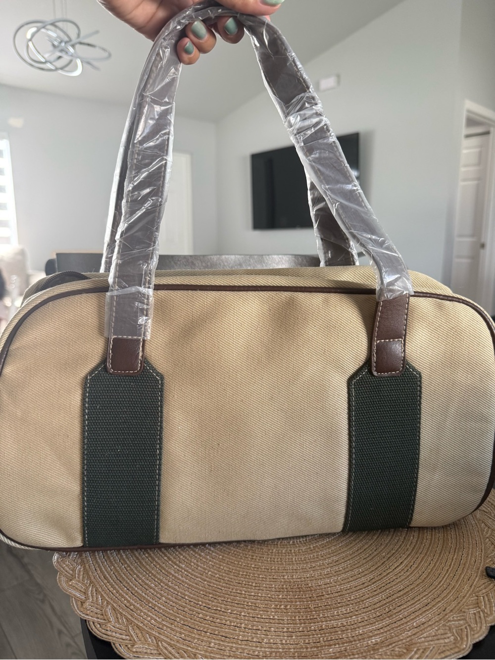 Canvas Duffel-Style Estée Lauder Handbag in Beige and Dark Green